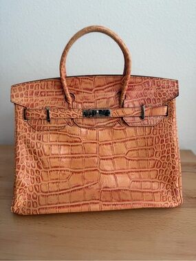 H Birkin 35 embossed croc tangerine orange PHW PLK vintage